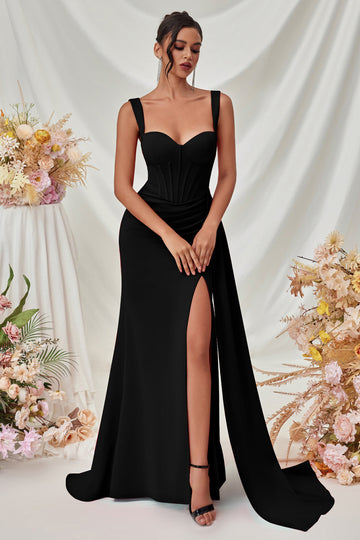Black Spaghetti Straps Mermaid Formal Dress with Slit
